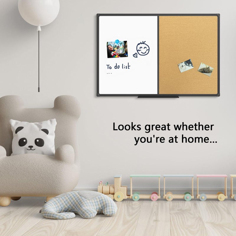 JILoffice White Board & Bulletin Corkboard Combination, Combo Board 36 x 24 Magnetic Whiteboard, Black Aluminum Frame Wall Mounted Board for Office Home and School with 10 Push Pins - Image 5